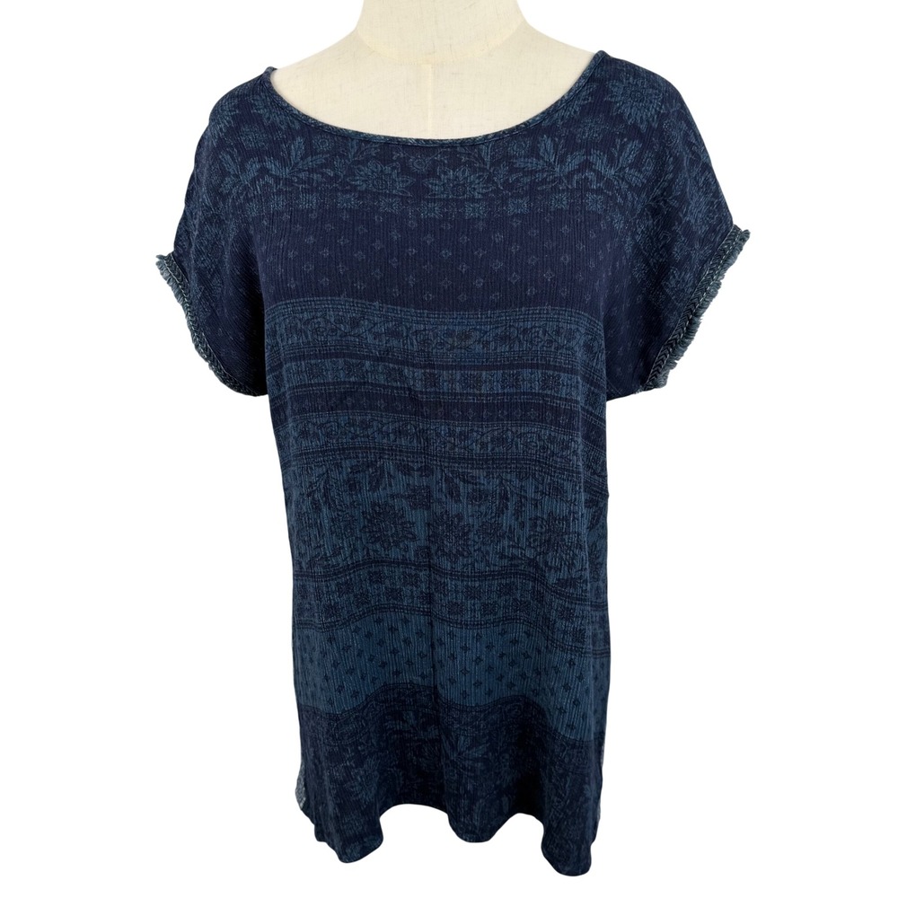 Blu Pepper Womens M SS Top Navy Floral Mixed‎ Media Boho Peasant Coastal Demask